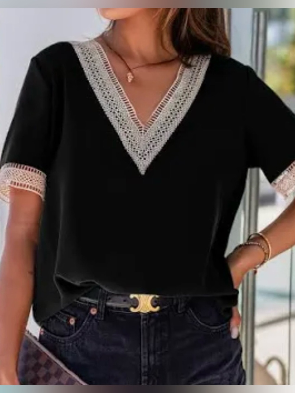 Black Women’s 2XL V-Neck Tan Crochet Trim Pullover Top Boho-Chic Peasant Western